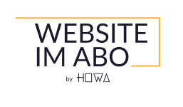 Logo mit dem Text ‚WEBSITE IM ABO‘ und dem Schriftzug ‚by HOWA‘, umrahmt von einem orangefarbenen Rahmen.